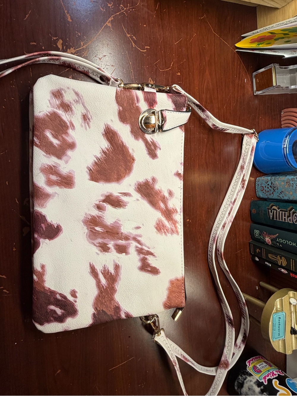 Women's White, purple & brown faux Cowhide-Print Crossbody Bag, shoulder, clutch